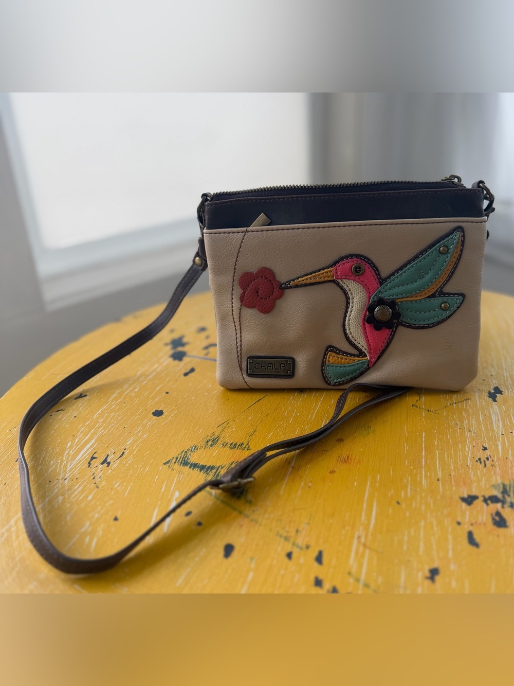 Chala Beige Crossbody with Colorful Hummingbird Applique